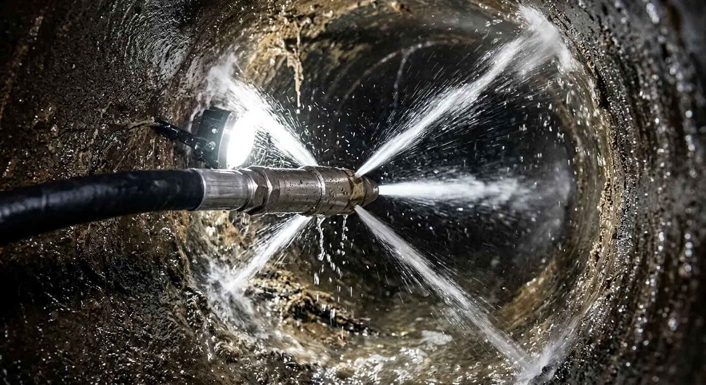 High-pressure hydro jetting nozzle cleaning sewer pipe for Trenchless Sewer Repair in Crystal