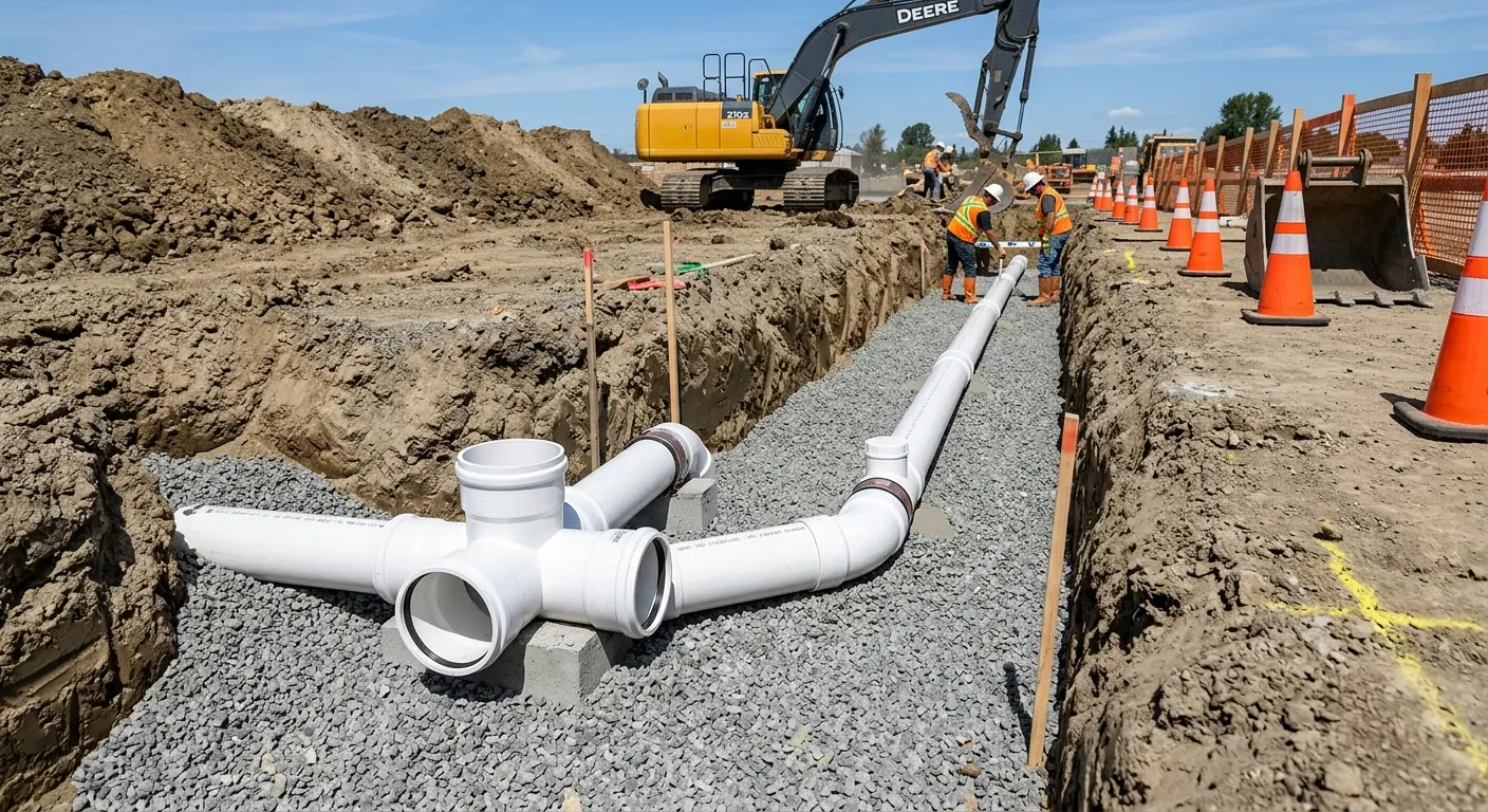New PVC sewer pipe installation in open trench for Sewer Backup in Crystal